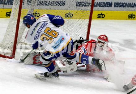 EBEL. Eishockey Bundesliga. VSV gegen KAC.  Jerry Pollastrone,  (VSV),  Sebastian Dahm (KAC). Villach, am 28.12.2020.
Foto: Kuess
www.qspictures.net
---
pressefotos, pressefotografie, kuess, qs, qspictures, sport, bild, bilder, bilddatenbank