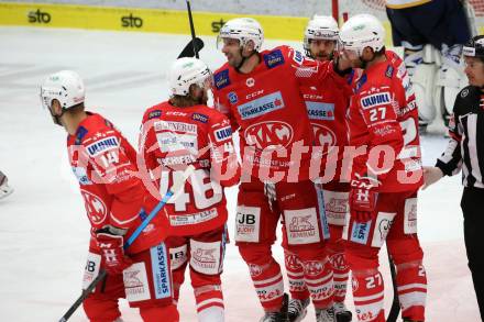 EBEL. Eishockey Bundesliga. VSV gegen KAC.  Torjubel Johannes Bischofberger, Thomas Hundertpfund, Blaz Gregorc, Daniel Obersteiner (KAC). Villach, am 28.12.2020.
Foto: Kuess
www.qspictures.net
---
pressefotos, pressefotografie, kuess, qs, qspictures, sport, bild, bilder, bilddatenbank