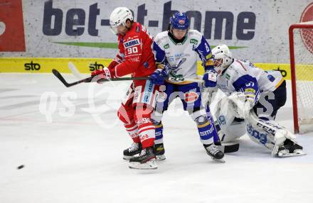 EBEL. Eishockey Bundesliga. VSV gegen KAC.  Martin Urbanek, Kristers Gudlevskis, (VSV), Matthew Fraser  (KAC). Villach, am 28.12.2020.
Foto: Kuess
www.qspictures.net
---
pressefotos, pressefotografie, kuess, qs, qspictures, sport, bild, bilder, bilddatenbank