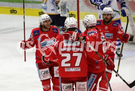 EBEL. Eishockey Bundesliga. VSV gegen KAC.  Torjubel Johannes Bischofberger, Thomas Hundertpfund, Blaz Gregorc, Daniel Obersteiner (KAC). Villach, am 28.12.2020.
Foto: Kuess
www.qspictures.net
---
pressefotos, pressefotografie, kuess, qs, qspictures, sport, bild, bilder, bilddatenbank