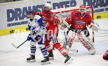 EBEL. Eishockey Bundesliga. VSV gegen KAC. Benjamin Lanzinger,   (VSV),  Blaz Gregorc, Sebastian Dahm (KAC). Villach, am 28.12.2020.
Foto: Kuess
www.qspictures.net
---
pressefotos, pressefotografie, kuess, qs, qspictures, sport, bild, bilder, bilddatenbank