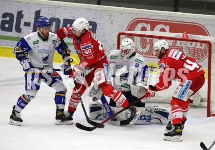 EBEL. Eishockey Bundesliga. VSV gegen KAC.  Sebastian Zauner, Kristers Gudlevski,  (VSV), Matthew Fraser, Rok Ticar (KAC). Villach, am 28.12.2020.
Foto: Kuess
www.qspictures.net
---
pressefotos, pressefotografie, kuess, qs, qspictures, sport, bild, bilder, bilddatenbank