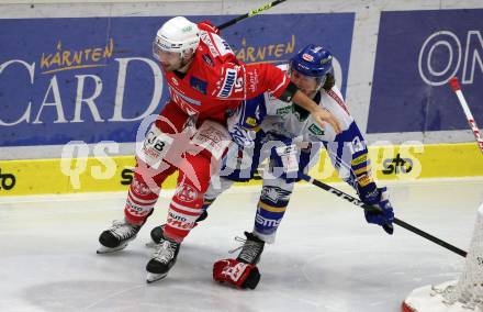 EBEL. Eishockey Bundesliga. VSV gegen KAC.  Chris Collins, (VSV), Paul Postma  (KAC). Villach, am 28.12.2020.
Foto: Kuess
www.qspictures.net
---
pressefotos, pressefotografie, kuess, qs, qspictures, sport, bild, bilder, bilddatenbank