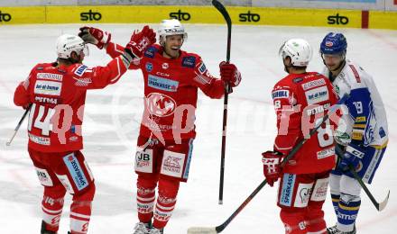 EBEL. Eishockey Bundesliga. VSV gegen KAC.  Torjubel Paul Postma, Matthew Fraser, Nicholas Eric Petersen (KAC). Villach, am 28.12.2020.
Foto: Kuess
www.qspictures.net
---
pressefotos, pressefotografie, kuess, qs, qspictures, sport, bild, bilder, bilddatenbank