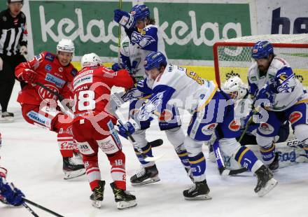 EBEL. Eishockey Bundesliga. VSV gegen KAC.  Raphael Wolf, Jordan Caron, Kristers Gudlevskis, Matt Mangene (VSV), Matthew Fraser, Thomas Koch (KAC). Villach, am 28.12.2020.
Foto: Kuess
www.qspictures.net
---
pressefotos, pressefotografie, kuess, qs, qspictures, sport, bild, bilder, bilddatenbank