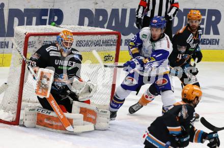 EBEL. Eishockey Bundesliga. VSV gegen Black Wings 1992 Linz. Jordan Caron,   (VSV), David Kickert, Charles David Beaudoin (Linz). Villach, am 30.12.2020.
Foto: Kuess
www.qspictures.net
---
pressefotos, pressefotografie, kuess, qs, qspictures, sport, bild, bilder, bilddatenbank