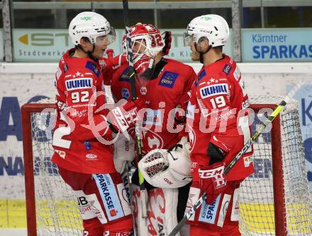 EBEL. Eishockey Bundesliga. KAC gegen	VSV. Jubel Clemens Unterweger, Sebastian Dahm, Stefan Geier (KAC). Klagenfurt, am 3.1.2021.
Foto: Kuess
www.qspictures.net

---
pressefotos, pressefotografie, kuess, qs, qspictures, sport, bild, bilder, bilddatenbank