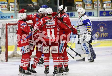 EBEL. Eishockey Bundesliga. KAC gegen	VSV. Torjubel Thomas Koch, Lukas Haudum, Blaz Gregorc, Paul Postma (KAC). Klagenfurt, am 3.1.2021.
Foto: Kuess
www.qspictures.net

---
pressefotos, pressefotografie, kuess, qs, qspictures, sport, bild, bilder, bilddatenbank