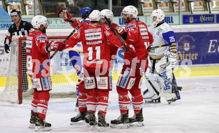 EBEL. Eishockey Bundesliga. KAC gegen	VSV. Torjubel Thomas Koch, Lukas Haudum, Blaz Gregorc, Paul Postma (KAC). Klagenfurt, am 3.1.2021.
Foto: Kuess
www.qspictures.net

---
pressefotos, pressefotografie, kuess, qs, qspictures, sport, bild, bilder, bilddatenbank