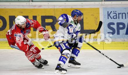 EBEL. Eishockey Bundesliga. KAC gegen	VSV. Clemens Unterweger,  (KAC),  Jerry Pollastrone (VSV). Klagenfurt, am 3.1.2021.
Foto: Kuess
www.qspictures.net

---
pressefotos, pressefotografie, kuess, qs, qspictures, sport, bild, bilder, bilddatenbank