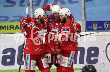 EBEL. Eishockey Bundesliga. KAC gegen	VSV. Torjubel Martin Schumnig, Manuel Ganahl, Rok Ticar (KAC). Klagenfurt, am 3.1.2021.
Foto: Kuess
www.qspictures.net

---
pressefotos, pressefotografie, kuess, qs, qspictures, sport, bild, bilder, bilddatenbank