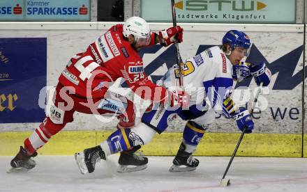 EBEL. Eishockey Bundesliga. KAC gegen	VSV. Steven Strong,  (KAC),  Benjamin Lanzinger (VSV). Klagenfurt, am 3.1.2021.
Foto: Kuess
www.qspictures.net

---
pressefotos, pressefotografie, kuess, qs, qspictures, sport, bild, bilder, bilddatenbank