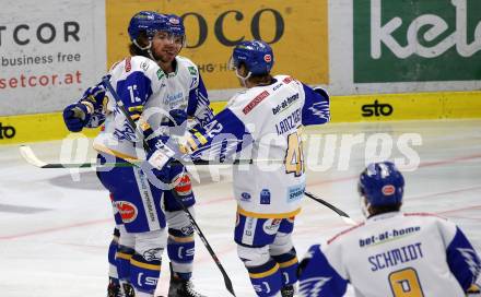 EBEL. Eishockey Bundesliga. VSV gegen Moser Medical Graz99ers. Torjubel Chris Collins, Scott Kosmachuk, Benjamin Lanzinger  (VSV). Villach, am 5.1.2021.
Foto: Kuess
www.qspictures.net
---
pressefotos, pressefotografie, kuess, qs, qspictures, sport, bild, bilder, bilddatenbank