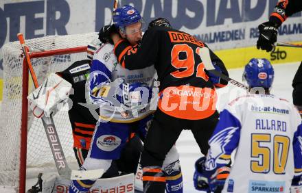 EBEL. Eishockey Bundesliga. VSV gegen Moser Medical Graz99ers. Caron Jordan,  (VSV), Charles Dodero   (Graz). Villach, am 5.1.2021.
Foto: Kuess
www.qspictures.net
---
pressefotos, pressefotografie, kuess, qs, qspictures, sport, bild, bilder, bilddatenbank