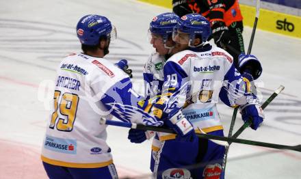 EBEL. Eishockey Bundesliga. VSV gegen Moser Medical Graz99ers. Torjubel Stefan Bacher, Benjamin Lanzinger, Sahir Gill  (VSV). Villach, am 5.1.2021.
Foto: Kuess
www.qspictures.net
---
pressefotos, pressefotografie, kuess, qs, qspictures, sport, bild, bilder, bilddatenbank