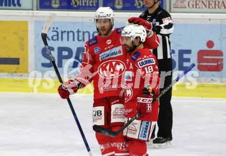 EBEL. Eishockey Bundesliga. KAC gegen	Bratislava Capitals. Torjubel  Paul Postma, Thomas Koch (KAC). Klagenfurt, am 10.1.2021.
Foto: Kuess
www.qspictures.net

---
pressefotos, pressefotografie, kuess, qs, qspictures, sport, bild, bilder, bilddatenbank