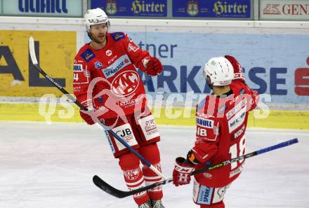 EBEL. Eishockey Bundesliga. KAC gegen	Bratislava Capitals. Torjubel  Paul Postma, Thomas Koch (KAC). Klagenfurt, am 10.1.2021.
Foto: Kuess
www.qspictures.net

---
pressefotos, pressefotografie, kuess, qs, qspictures, sport, bild, bilder, bilddatenbank