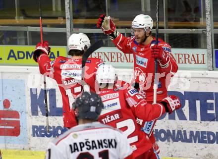 EBEL. Eishockey Bundesliga. KAC gegen	Bratislava Capitals. Torjubel Manuel Ganahl, Paul Postma, Rok Ticar (KAC). Klagenfurt, am 10.1.2021.
Foto: Kuess
www.qspictures.net

---
pressefotos, pressefotografie, kuess, qs, qspictures, sport, bild, bilder, bilddatenbank