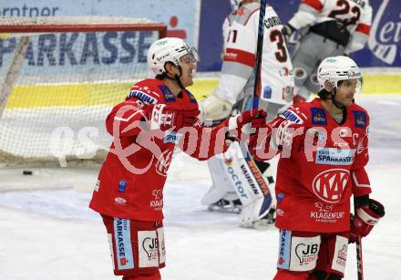 EBEL. Eishockey Bundesliga. KAC gegen	Bratislava Capitals. Torjubel Nicholas Eric Petersen, Manuel Ganahl (KAC). Klagenfurt, am 10.1.2021.
Foto: Kuess
www.qspictures.net

---
pressefotos, pressefotografie, kuess, qs, qspictures, sport, bild, bilder, bilddatenbank