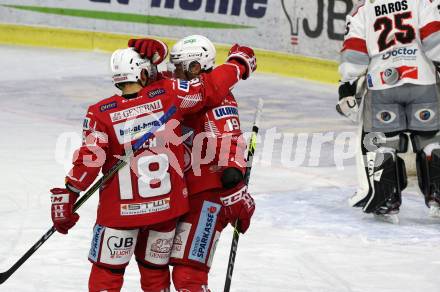 EBEL. Eishockey Bundesliga. KAC gegen	Bratislava Capitals. Torjubel Thomas Koch, Stefan Geier (KAC). Klagenfurt, am 10.1.2021.
Foto: Kuess
www.qspictures.net

---
pressefotos, pressefotografie, kuess, qs, qspictures, sport, bild, bilder, bilddatenbank