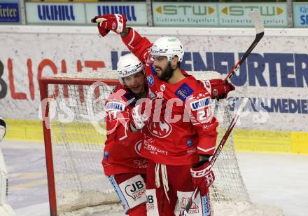 EBEL. Eishockey Bundesliga. KAC gegen	Bratislava Capitals. Torjubel  Manuel Ganahl, Steven Strong (KAC). Klagenfurt, am 10.1.2021.
Foto: Kuess
www.qspictures.net

---
pressefotos, pressefotografie, kuess, qs, qspictures, sport, bild, bilder, bilddatenbank