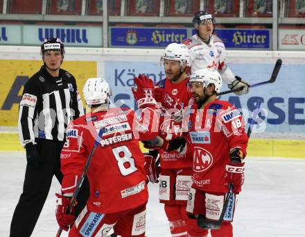EBEL. Eishockey Bundesliga. KAC gegen	Bratislava Capitals. Torjubel  Nicholas Eric Petersen, Paul Postma, Thomas Koch (KAC). Klagenfurt, am 10.1.2021.
Foto: Kuess
www.qspictures.net

---
pressefotos, pressefotografie, kuess, qs, qspictures, sport, bild, bilder, bilddatenbank