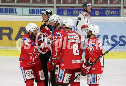 EBEL. Eishockey Bundesliga. KAC gegen	Bratislava Capitals. Torjubel  Rok Ticar, Nicholas Eric Petersen, Paul Postma, Thomas Koch (KAC). Klagenfurt, am 10.1.2021.
Foto: Kuess
www.qspictures.net

---
pressefotos, pressefotografie, kuess, qs, qspictures, sport, bild, bilder, bilddatenbank