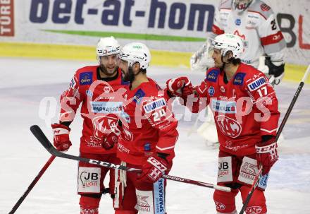 EBEL. Eishockey Bundesliga. KAC gegen	Bratislava Capitals. Torjubel Rok Ticar, Manuel Ganahl, Steven Strong (KAC). Klagenfurt, am 10.1.2021.
Foto: Kuess
www.qspictures.net

---
pressefotos, pressefotografie, kuess, qs, qspictures, sport, bild, bilder, bilddatenbank
