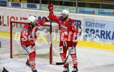 EBEL. Eishockey Bundesliga. KAC gegen	Bratislava Capitals. Torjubel  Manuel Ganahl, Steven Strong (KAC). Klagenfurt, am 10.1.2021.
Foto: Kuess
www.qspictures.net

---
pressefotos, pressefotografie, kuess, qs, qspictures, sport, bild, bilder, bilddatenbank