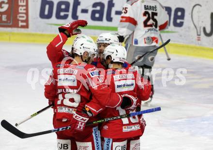 EBEL. Eishockey Bundesliga. KAC gegen	Bratislava Capitals. Torjubel Thomas Koch, Stefan Geier, Thomas Vallant (KAC). Klagenfurt, am 10.1.2021.
Foto: Kuess
www.qspictures.net

---
pressefotos, pressefotografie, kuess, qs, qspictures, sport, bild, bilder, bilddatenbank