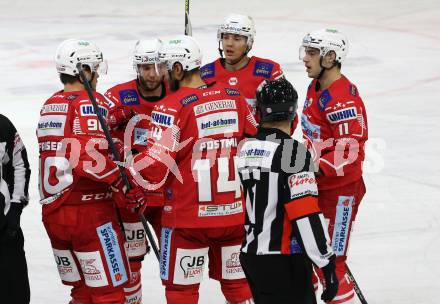 EBEL. Eishockey Bundesliga. KAC gegen	Bratislava Capitals. Torjubel Matthew Fraser, Lukas Haudum, Rok Ticar, Paul Postma, Clemens Unterweger (KAC). Klagenfurt, am 10.1.2021.
Foto: Kuess
www.qspictures.net

---
pressefotos, pressefotografie, kuess, qs, qspictures, sport, bild, bilder, bilddatenbank