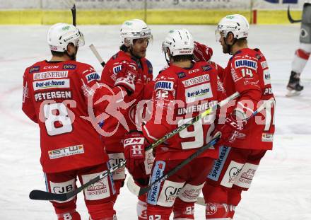 EBEL. Eishockey Bundesliga. KAC gegen	Bratislava Capitals. Torjubel Nicholas Eric Petersen, Manuel Ganahl, Clemens Unterweger, Paul Postma (KAC). Klagenfurt, am 10.1.2021.
Foto: Kuess
www.qspictures.net

---
pressefotos, pressefotografie, kuess, qs, qspictures, sport, bild, bilder, bilddatenbank