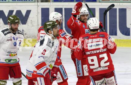 EBEL. Eishockey Bundesliga. KAC gegen	HCB Suedtirol Alperia. Torjubel Paul Postma, Dennis Sticha, Clemens Unterweger (KAC). Klagenfurt, am 12.1.2021.
Foto: Kuess
www.qspictures.net

---
pressefotos, pressefotografie, kuess, qs, qspictures, sport, bild, bilder, bilddatenbank