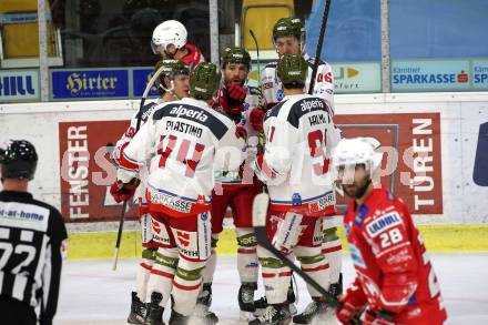 EBEL. Eishockey Bundesliga. KAC gegen	HCB Suedtirol Alperia. Torjubel Dustin Gazley, Daniel Catenacci, Nicholas Plastino, Ivan Deluca, Michael Halmo  (Bozen). Klagenfurt, am 12.1.2021.
Foto: Kuess
www.qspictures.net

---
pressefotos, pressefotografie, kuess, qs, qspictures, sport, bild, bilder, bilddatenbank