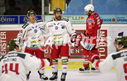 EBEL. Eishockey Bundesliga. KAC gegen	HCB Suedtirol Alperia. Torjubel Dustin Gazley, Daniel Catenacci  (Bozen). Klagenfurt, am 12.1.2021.
Foto: Kuess
www.qspictures.net

---
pressefotos, pressefotografie, kuess, qs, qspictures, sport, bild, bilder, bilddatenbank
