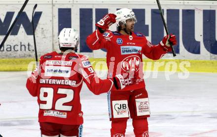 EBEL. Eishockey Bundesliga. KAC gegen	HCB Suedtirol Alperia. Torjubel Dennis Sticha, Clemens Unterweger (KAC). Klagenfurt, am 12.1.2021.
Foto: Kuess
www.qspictures.net

---
pressefotos, pressefotografie, kuess, qs, qspictures, sport, bild, bilder, bilddatenbank