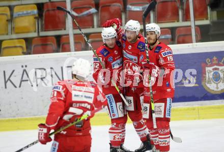 EBEL. Eishockey Bundesliga. KAC gegen	EC Red Bull Salzburg. Torjubel Postma Paul, Geier Stefan, Unterweger Clemens, Geier Manuel (KAC). Klagenfurt, am 15.1.2021.
Foto: Kuess
www.qspictures.net

---
pressefotos, pressefotografie, kuess, qs, qspictures, sport, bild, bilder, bilddatenbank
