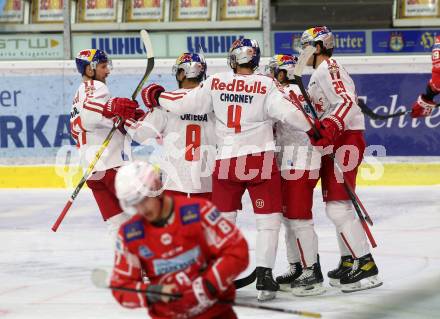 EBEL. Eishockey Bundesliga. KAC gegen	EC Red Bull Salzburg.  Torjubel  Chorney Taylor, Ortega Austin Ryan, Skille Jack (Salzburg). Klagenfurt, am 15.1.2021.
Foto: Kuess
www.qspictures.net

---
pressefotos, pressefotografie, kuess, qs, qspictures, sport, bild, bilder, bilddatenbank