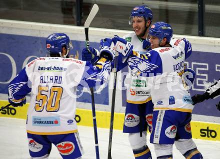 EBEL. Eishockey Bundesliga. VSV gegen HCB Suedtirol Alperia.  Torjubel Frederik Allard, Jordan Caron, Scott Kosmachuk (VSV). Villach, am 15.1.2021.
Foto: Kuess
www.qspictures.net
---
pressefotos, pressefotografie, kuess, qs, qspictures, sport, bild, bilder, bilddatenbank