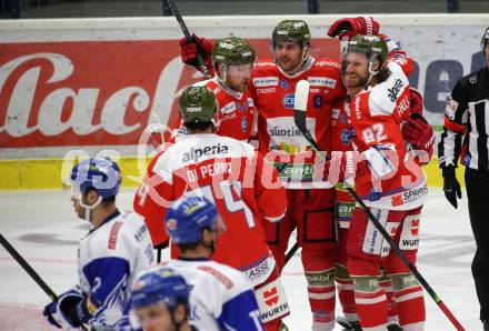 EBEL. Eishockey Bundesliga. VSV gegen HCB Suedtirol Alperia.  Torjubel Daniel Frank, Dustin Gazley, Brett Findlay, Dennis Robertson,  (Bozen). Villach, am 15.1.2021.
Foto: Kuess
www.qspictures.net
---
pressefotos, pressefotografie, kuess, qs, qspictures, sport, bild, bilder, bilddatenbank