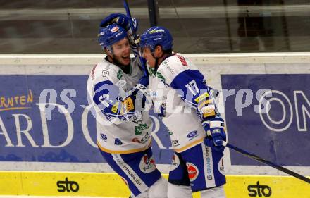 EBEL. Eishockey Bundesliga. VSV gegen HCB Suedtirol Alperia. Torjubel Jordan Caron, Scott Kosmachuk  (VSV). Villach, am 15.1.2021.
Foto: Kuess
www.qspictures.net
---
pressefotos, pressefotografie, kuess, qs, qspictures, sport, bild, bilder, bilddatenbank