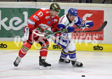 EBEL. Eishockey Bundesliga. VSV gegen HCB Suedtirol Alperia. Benjamin Lanzinger,  (VSV), Matteo Pietroniro  (Bozen). Villach, am 15.1.2021.
Foto: Kuess
www.qspictures.net
---
pressefotos, pressefotografie, kuess, qs, qspictures, sport, bild, bilder, bilddatenbank