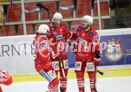 EBEL. Eishockey Bundesliga. KAC gegen	EC Red Bull Salzburg. Torjubel Postma Paul, Geier Stefan, Unterweger Clemens,  (KAC). Klagenfurt, am 15.1.2021.
Foto: Kuess
www.qspictures.net

---
pressefotos, pressefotografie, kuess, qs, qspictures, sport, bild, bilder, bilddatenbank