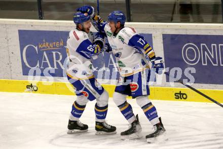 EBEL. Eishockey Bundesliga. VSV gegen HCB Suedtirol Alperia. Torjubel Jordan Caron, Scott Kosmachuk  (VSV). Villach, am 15.1.2021.
Foto: Kuess
www.qspictures.net
---
pressefotos, pressefotografie, kuess, qs, qspictures, sport, bild, bilder, bilddatenbank