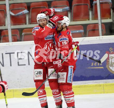 EBEL. Eishockey Bundesliga. KAC gegen	EC Red Bull Salzburg. Torjubel Postma Paul, Geier Stefan,  (KAC). Klagenfurt, am 15.1.2021.
Foto: Kuess
www.qspictures.net

---
pressefotos, pressefotografie, kuess, qs, qspictures, sport, bild, bilder, bilddatenbank