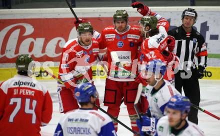 EBEL. Eishockey Bundesliga. VSV gegen HCB Suedtirol Alperia. Torjubel Daniel Frank, Dustin Gazley, Brett Findlay, Dennis Robertson,  (Bozen). Villach, am 15.1.2021.
Foto: Kuess
www.qspictures.net
---
pressefotos, pressefotografie, kuess, qs, qspictures, sport, bild, bilder, bilddatenbank