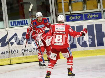 EBEL. Eishockey Bundesliga. KAC gegen	EC Red Bull Salzburg. Torjubel	Fraser Matthew, Petersen Nicholas Eric,  (KAC). Klagenfurt, am 15.1.2021.
Foto: Kuess
www.qspictures.net

---
pressefotos, pressefotografie, kuess, qs, qspictures, sport, bild, bilder, bilddatenbank