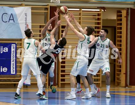 Basketball Zweite Liga 2020/2021. Grunddurchgang 16. Runde. KOS Celovec gegen BBC Nord Dragonz. Anze Kos, Benjamin Blazevic, Andi Smrtnik, Marin Sliskovic (KOS Celovec), Petar Cosic  (BBC Nord Dragonz). Klagenfurt, am 16.1.2021.
Foto: Kuess
www.qspictures.net

---
pressefotos, pressefotografie, kuess, qs, qspictures, sport, bild, bilder, bilddatenbank
