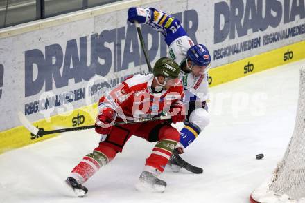 EBEL. Eishockey Bundesliga. VSV gegen HCB Suedtirol Alperia. Felix Maxa,   (VSV), Benjamin Youds (Bozen). Villach, am 15.1.2021.
Foto: Kuess
www.qspictures.net
---
pressefotos, pressefotografie, kuess, qs, qspictures, sport, bild, bilder, bilddatenbank