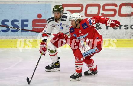 EBEL. Eishockey Bundesliga. KAC gegen	HCB Suedtirol Alperia. Johannes Bischofberger, (KAC), Fournier Gleason (Bozen). Klagenfurt, am 17.1.2021.
Foto: Kuess
www.qspictures.net

---
pressefotos, pressefotografie, kuess, qs, qspictures, sport, bild, bilder, bilddatenbank